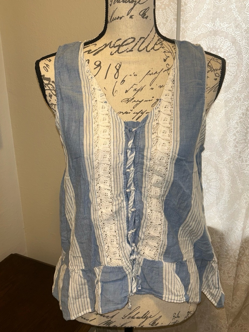American Eagle Outfitters Blue and White Striped Lace-Up Tank Top